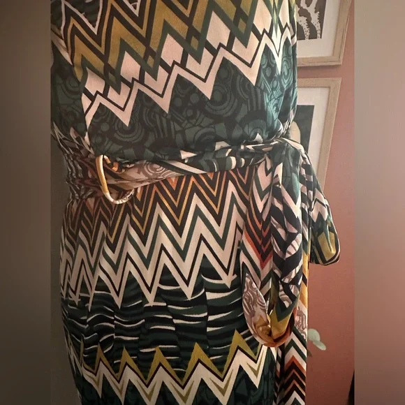 Kathi Rich Emerald zig zag pattern collar S faux wrap belt long sleeve jumpsuit - Picture 5 of 15